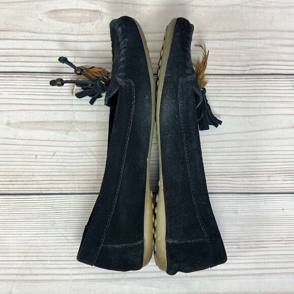 Minnetonka Moccasin Womens 7 Black Suede Leather Flats Feather Tassel Moc Loafer - Picture 9 of 14